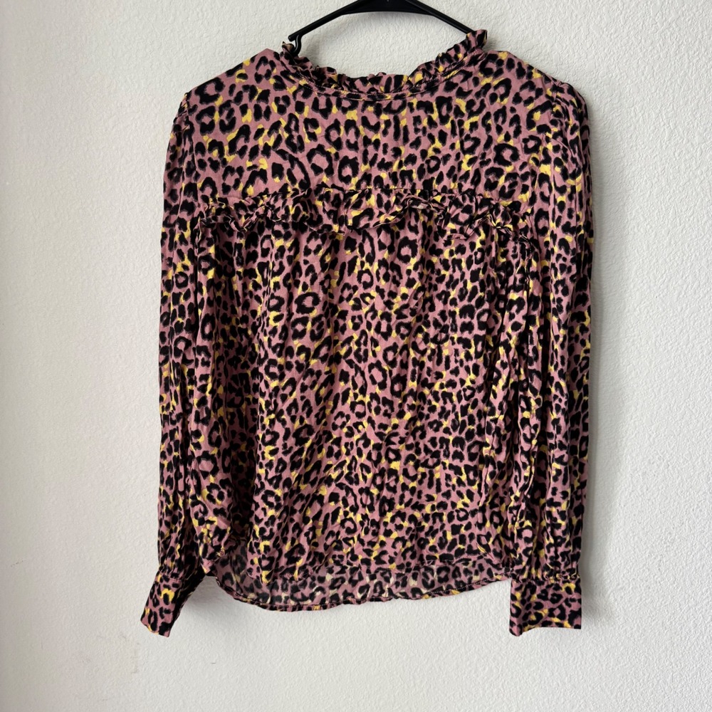 LOFT Womens Pink Yellow Leopard Print Ruffle Mock Neck Long Sleeve Blouse Small